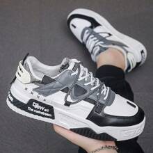 男士厚底增高拼色低帮休闲运动鞋，时尚百搭透气防滑运动鞋 - 黑與白 - 查看 4