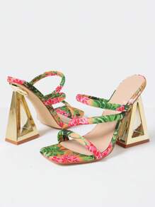 Women's High Heels Square Toe Chunky Mules Sandals Multi-Colored Pyramid Heels With Golden Decorations Glamorous Party High Heels Green - 彩色 - 查看 11