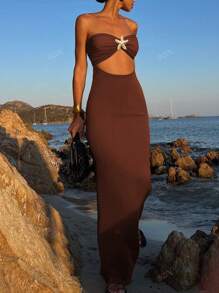 Abito da donna alla moda, lungo e attillato, con decorazione a forma di stella marina forata, elegante abito da sera o da cocktail per eventi, cerimonie e feste, con schiena scoperta e stile Y2K, adatto per la primavera, l'estate e l'autunno