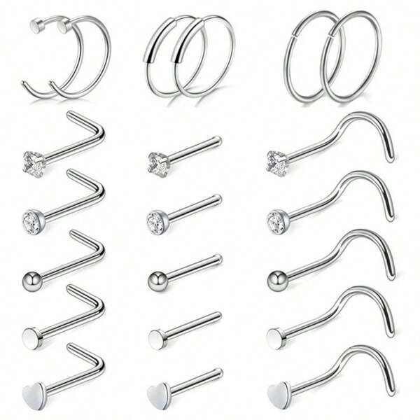 10/12/20/21 piezas Anillos de nariz hipoalergénicos de acero inoxidable quirúrgico 316L - Piercings de nariz plateados - Anillos de nariz en forma de L y de sacacorchos