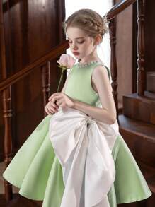 Tween 女童浅绿色蝴蝶结缎面派对礼服、礼服 - 綠色 - 查看 6
