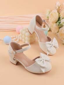 Girls Flower Embellished Chunky Heel Formal Dress, Suitable For Flower Girl, Dance, Wedding, Party, Ballet, Everyday Wear. White Color, Girls Hook And Loop Strap Dress Shoes For Children Of All Sizes