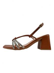 Monte Shoes Women's Sandals CM Shoes Square Toe High Heel Casual Metallic Rhinestone Pearl New - Rust Brown - View 4