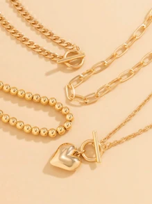4 Pcs/Set Vintage Minimalist Geometric Chain Multi-Layer Necklace With Heart Pendant, Elegant Fashion Wedding Party Necklace Gift For Women - Necklace - View 7
