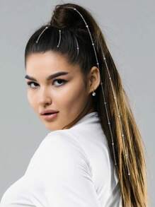 2pcs Set Women's Shiny Zirconia Hair Chain, Pearl & Sequin Hair Braids Extensions - Silver - View 5