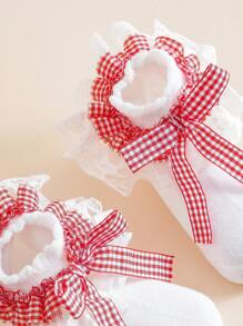 1双棉质儿童蕾丝格子蝴蝶结荷叶边舞蹈公主时尚百搭派对袜 - 白色 - 查看 6