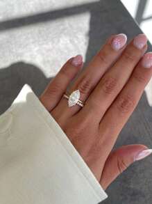 2pcs Set S925&925 Sterling Silver Single Row & 2ct Horse Eye Shape Rings Set Elegant For Women Dating Party Stackable Ring Anniversary Occasion Exquisite Women's Jewelry Gift - Horse Eye Ring Set - View 3