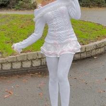 Women Y2K Off Shoulder Knit Sweaters Lace Trim Lace Up Back Long Sleeve Pullovers Jumper Tops Fall Winter Casual Knitwear Lolita Clothes - 白色 - 查看 6