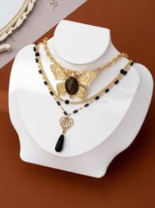 1pc Gothic Style Unique Exaggerated Gold Plated Butterfly Heart Design Faux Cat Eye Rhinestone Pendant Multilayer Black Beaded Short Necklace, Unisex Daily/Party/Holiday Wear Jewelry Accessory Gift
