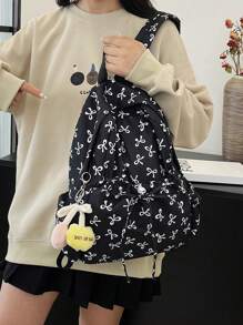 1pc Black Nylon Casual School Style Fresh Allover Print Bow Drawstring Large Capacity Foldable Backpack With Cartoon Decor Zipper, Suitable For Teenagers, College Students, And Women For Daily Commuting, Shopping, Travel, Graduation Gift, Cute Bow Backpack