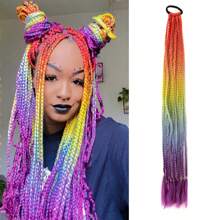 Colored Braids Hair Extensions With Rubber Bands Rainbow Braided Synthetic Hairpieces Ponytail Hair Accessories For Women Girls Daily Party Highlights Cosplay Dress Up Music Festival Use(24Inch)