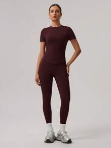 MASKERT Two Pieces Set Of Spring And Summer Women's Sports Suit, Short Sleeved Fitness Suit, Long Pants, Tight Running Suit, High Stretch Fitness Yoga Suit, Home Casual And Comfortable, Skin Friendly - 紅色 - 查看 3