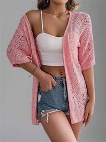 Women's Pink Hollow Out Short Sleeve Knit Cardigan, Lightweight Outwear, Suitable For Beach/Holiday, Summer - Pink - View 3