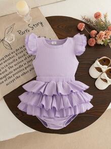 Conjunto infantil feminino 2 peças/conjunto blusa manga curta roxa e calça pantalona com babados, verão - Roxo Malva - Ver 1