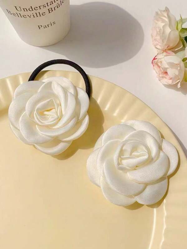 2pcs Camellia Flower Hair Scrunchies & Claw Clips Set, Elegant & Versatile Hair Accessories For Women