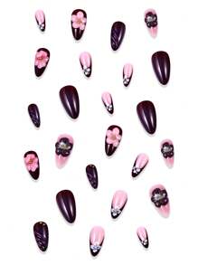 24 件 3D 紫色花朵压贴水晶指甲和 1 个指甲锉条 + 1 片果冻胶指甲用品指甲