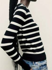 Women Long Sleeve Polo Sweater V Neck Button Down Ribbed Knit Cardigan Top - White - View 3