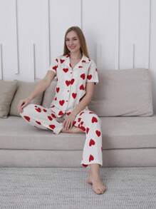 Mirano Heart Print Short Sleeve Pajama Set With Pants - Red and White - View 5