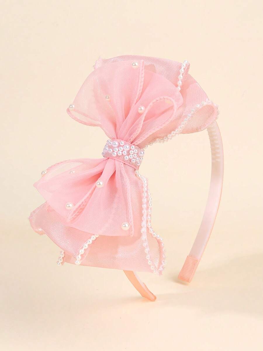 1pc Solid Color Bow Hair Band,Tulle Faux Pearl Headband,Fashion Hair Accessories For Toddlers Kids Daily Use Gifts