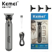 Kemei KM-1757 USB 充电无绳毛发修剪器 - 零切割刀片理发器，采用空心头设计，专业理发师理发机，适合男士、家庭和沙龙使用 - 灰色 - 查看 2