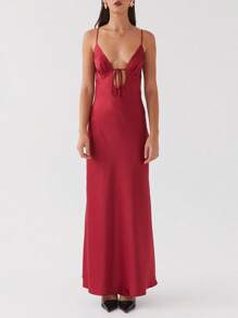 Women Y2k Spaghetti Strap Maxi Dress V Neck Tie Front Cutout Long Cami Dress Sleeveless Backless Party Wedding Dress - 酒紅色 - 查看 1