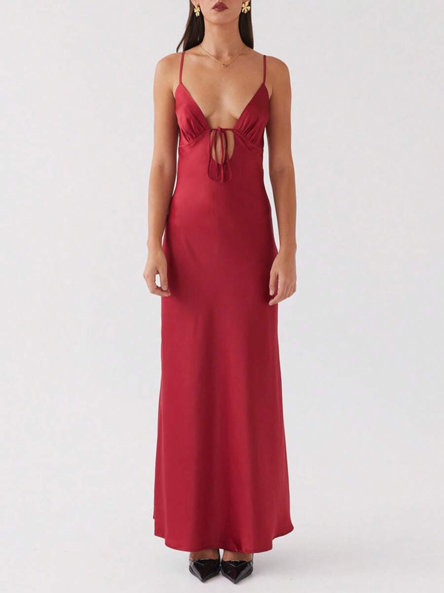 Women Y2k Spaghetti Strap Maxi Dress V Neck Tie Front Cutout Long Cami Dress Sleeveless Backless Party Wedding Dress - 酒紅色 - 查看 1