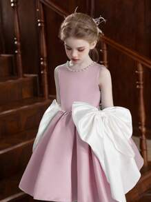 Tween Girls Pink Satin Bow Decor Short Party Dress - Pink - View 5