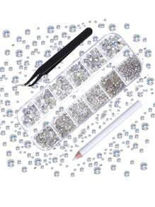 12 rasters/doos platte achterkant nagelkunst strass ronde kralen 6 maten (2-6,5 mm) met opbergdoos, strass-steentjes plukpen voor nagelkunst telefoondecoraties knutselen doe-het-zelf (Paradise Shine)