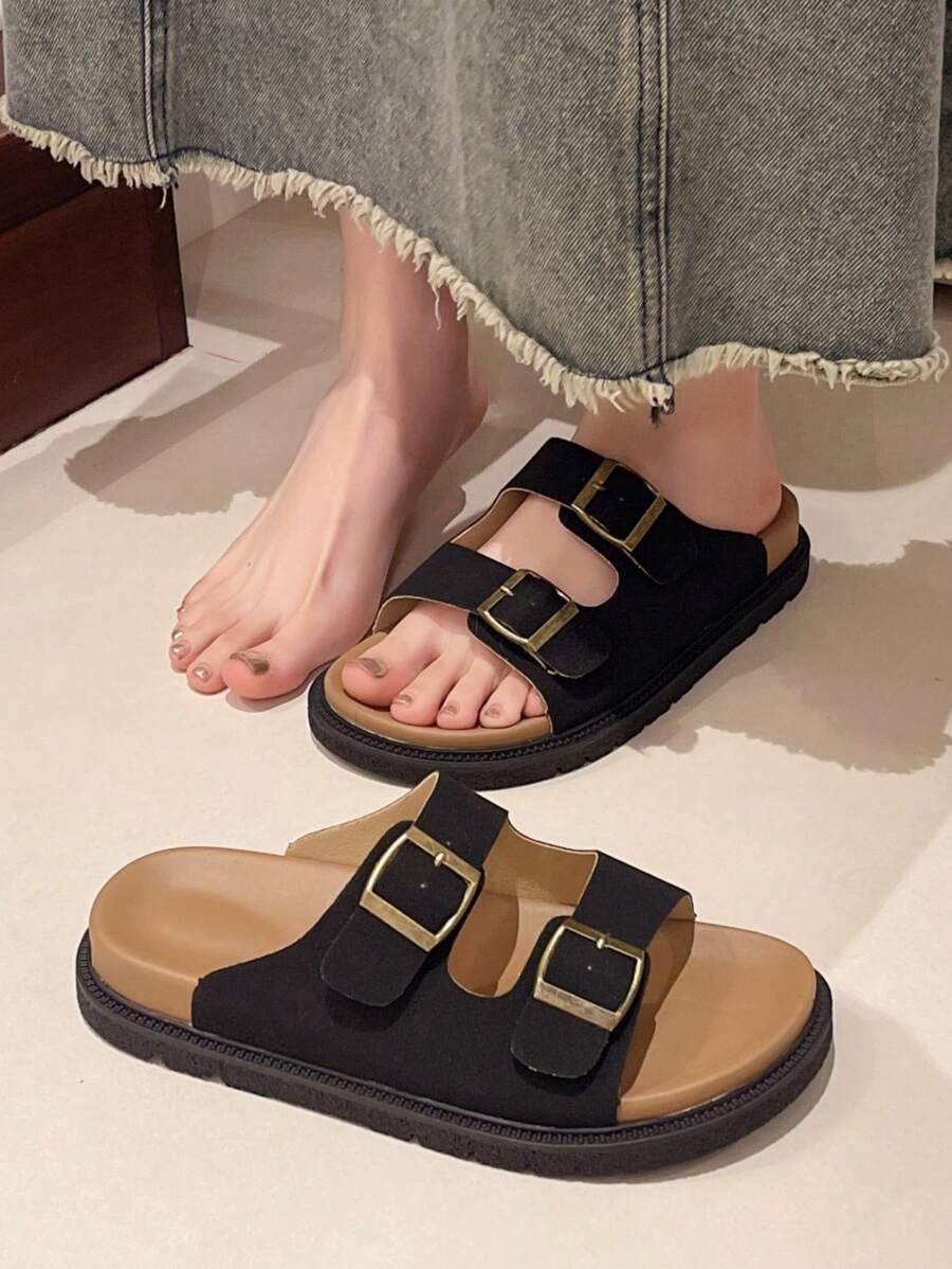 Thick Sole Comfortable Leather Buckle Casual Sandals, Summer New Soft Bottom Slippers, Beach Shoes - Black - View 1