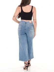 Pantacourt Jeans Wide Fit Comfortable Comfy Loose Legs Premium Fabric With Stretch Lycra Mid Waist Fact Jeans - Rửa trung bình - Xem 4