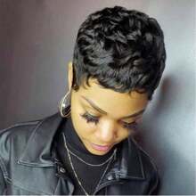 Short Layered Pixie Human Hair Wigs 1B Color Pixie Cut Wigs For Women With Bangs Brazilian Virgin Human Hair Wigs For Women Glueless Full Machine Made Wigs For Christmas Party Cosplay Daily Use Wigs