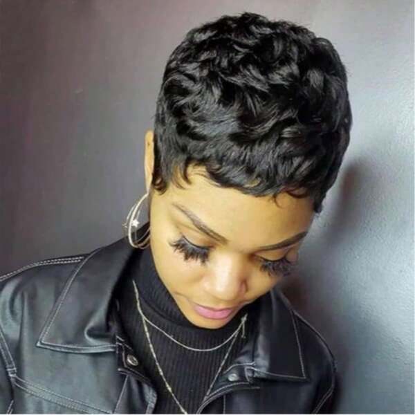 Short Layered Pixie Human Hair Wigs 1B Color Pixie Cut Wigs For Women With Bangs Brazilian Virgin Human Hair Wigs For Women Glueless Full Machine Made Wigs For Christmas Party Cosplay Daily Use Wigs