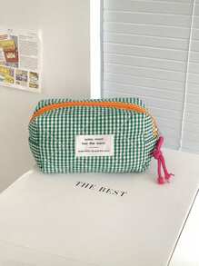 Bolsa de cosméticos de estilo clásico a cuadros, bolsa de tela con cremallera suave, diseño minimalista retro, bolsa de almacenamiento multiusos, adecuada para el hogar, viajes y uso diario, bolsa de cosméticos, útiles escolares, artículos de viaje, artículos esenciales para vacaciones, bolsas de cosméticos - Verde - Ver 16