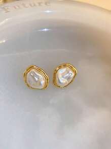 1 对几何不对称形状珍珠耳钉 - 彩色 - 查看 1