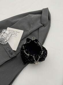 1pc Chain Drawstring Closure PVC Glitter Bucket Bag With Metal & Pearl Decor, Bling Glam Women Fashion Evening Party Shoulder Crossbody Cosmetic Clutch Gift