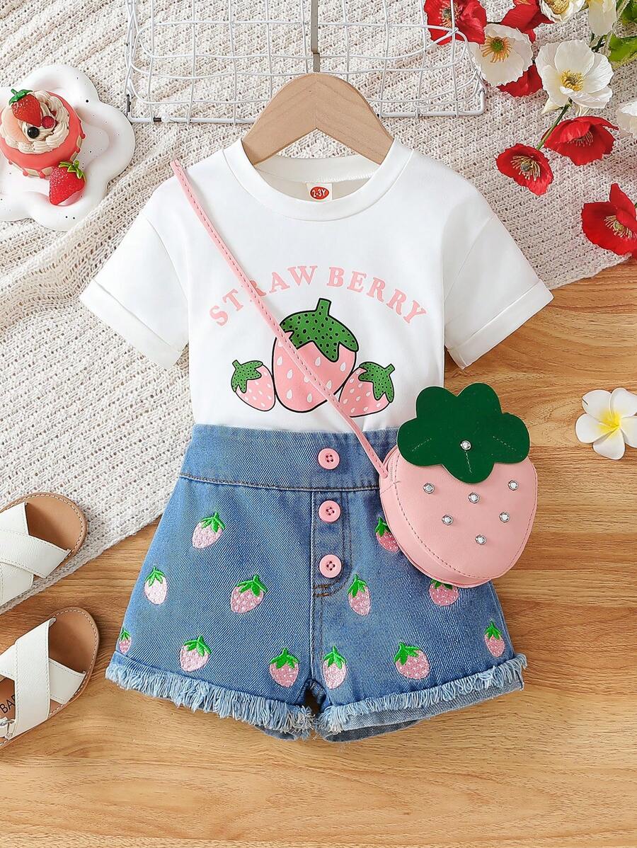 Young Girl Fashion Casual Cute Strawberry Print T-Shirt And Embroidered Denim Shorts Set With Bag - Baby Pink - View 1
