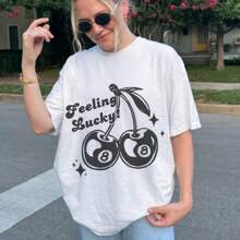 Feeling Lucky Cherry 8 Ball Shirt. Cool Womens Shirt. Aesthetic Western Retro Shirt. Boho Festival Shirt. Cool Girl Shirt,Soft And Comfortable Cotton, Cartoon Printing - 白色 - 查看 2