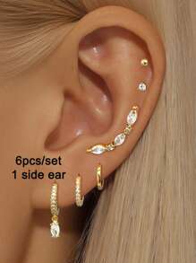 6Pcs One Side Ear Cubic Zirconia Dangle Earrings Set For Women Zirconia Hoop Earrings Fashion Jewelry - 6pcs/set - View 2
