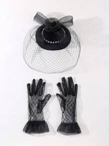 一套女士茶会帽子和手套套装，包括迷你圆帽、面纱和头饰 - 黑色 - 查看 2