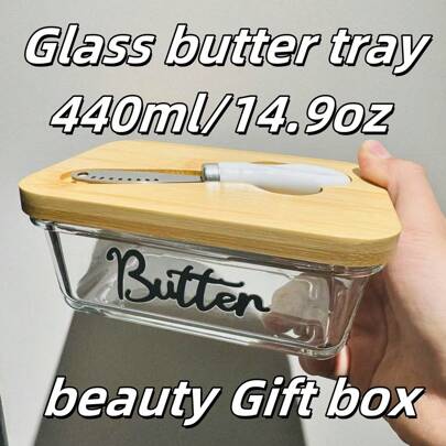 Glass Butter Dish With Bamboo Lid And Knife, Airtight Seal For Freshness, Large Butter Dish For East And West Coast Butter, Ideal For Countertop And Refrigerator Storage, Premium Glass Butter Keeper