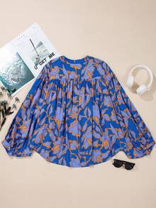 Acelitt 蓝色碎花蝙蝠袖纽扣宽松衬衫