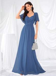 荷叶边袖后背甜心领纯色薄纱连衣裙，伴娘服，新娘服，生日女士服装，毕业礼服，正式礼服