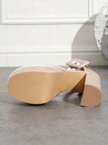 女士厚底粗跟圆头镂空休闲高跟鞋，简约百搭 - 杏色 - 查看 7