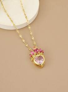 1 pieza Collar con colgante de corazón de acero inoxidable con circonita cúbica, regalo lujoso para mujeres - Amarillo Oro - Ver 2