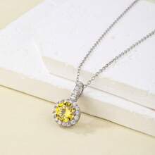 1pc Luxury Minimalist Round Cubic Zirconia 3D Pendant Necklace, Fashionable Gift Suitable For Women's Daily Wear - Silver - View 1