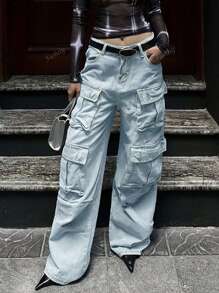 90s Y2K High Waist Flap Pocket Werk Cargo Jeans Boyfriend Versleten Losse Fit Streetwear Denim Broek