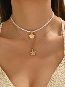 2 件/套手工仿珍珠海星贝壳金属吊坠项链和颈链，串珠首饰套装，适合日常、海滩、节日派对佩戴 - 貝殼+海星 - 查看 1
