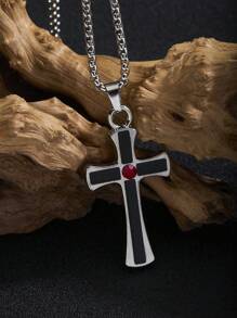 1pc Fashion Vintage Men's Stainless Steel Cross Pendant Necklace, Suit For Men & Women Daily Wear, Long Sweater Chain Accessory, Minimalistic Hiphop Goth Style, Memorial/New Year/Valentine's Day/Holiday Gift
