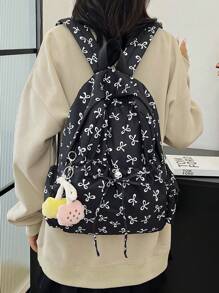 1pc Black Nylon Casual School Style Fresh Allover Print Bow Drawstring Large Capacity Foldable Backpack With Cartoon Decor Zipper, Suitable For Teenagers, College Students, And Women For Daily Commuting, Shopping, Travel, Graduation Gift, Cute Bow Backpack