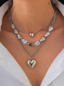 3 pièces/set Collier asymétrique avec perles vintage, collier pendentif élégant minimaliste en forme de cœur géométrique pour femmes, polyvalent pour les soirées et le porter casual